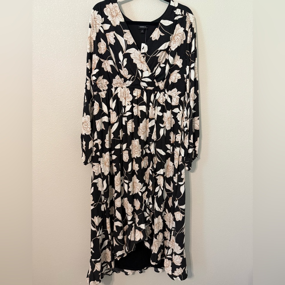 Torrid Black and White Maxi Dress with V-Neck and Bishop Sleeves